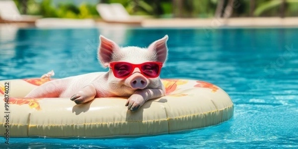 Obraz Playful pig in Trendy Red Sunglasses, Lazing on a Float in a Tropical Pool, Symbolizing Fun and Relaxation.
