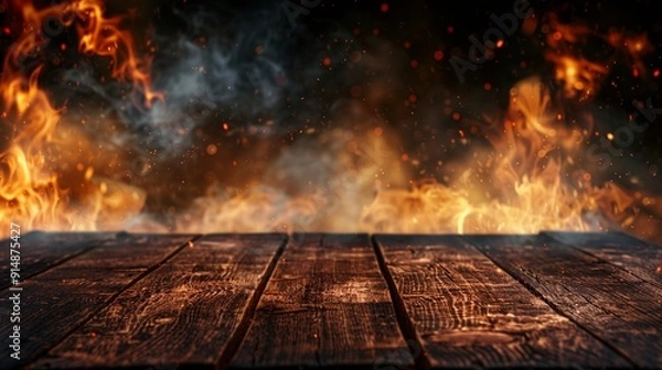 Fototapeta Blank burned wooden table on dark flame fire burning baking roasting backgrounds with smoke and sparkling orange black backdrop with copy space
