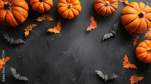 Fototapeta Pumpkins, bats and autumn leaves on a dark textured background. Festive background in honor of Halloween.
