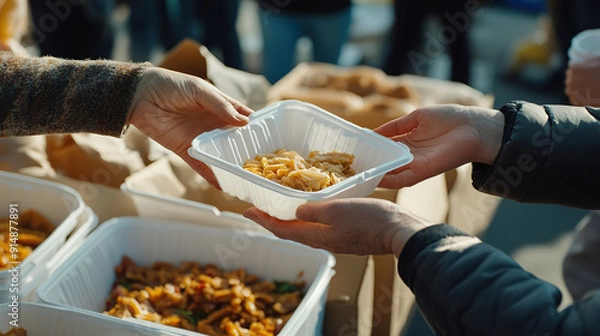 Fototapeta Close-up of hands distribution a food container outdoors. Blurred background. Concept of voluntary community support and food distribution