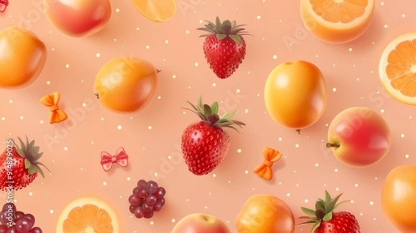 Fototapeta Colorful Fruit Pattern with Polka Dot Background