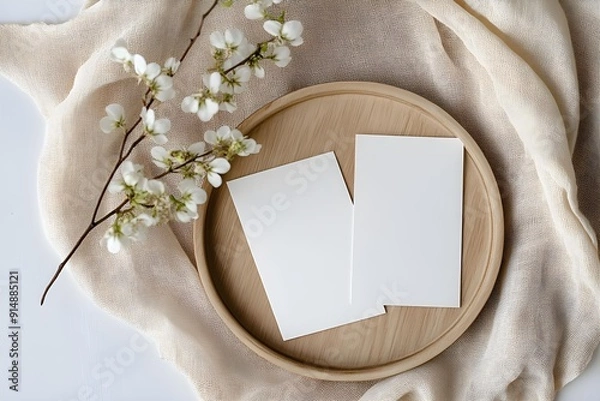 Fototapeta Flat lay of blank paper business cards with mockup copy space and flowers on wooden tray on neutral beige blanket background. Aesthetic minimal business template for social media. Flat lay, top view