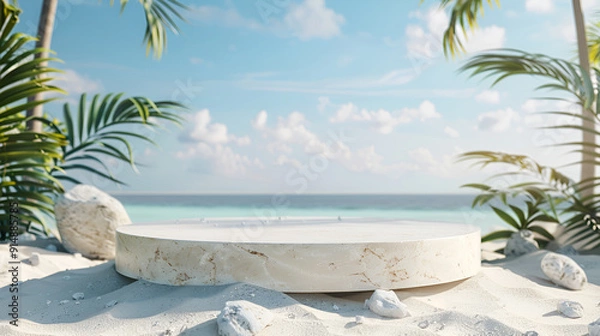 Fototapeta A sandy beach display podium set against a backdrop of a  sea and bright blue skies ,A stylish podium on a sandy beach, with a view of the peaceful sea and bright , perfect for showcasing summer produ