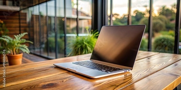 Fototapeta Macbook pro on wooden table, Technology, laptop, Apple, workspace, desk, modern, minimalist, stylish, sleek, silver, electronic