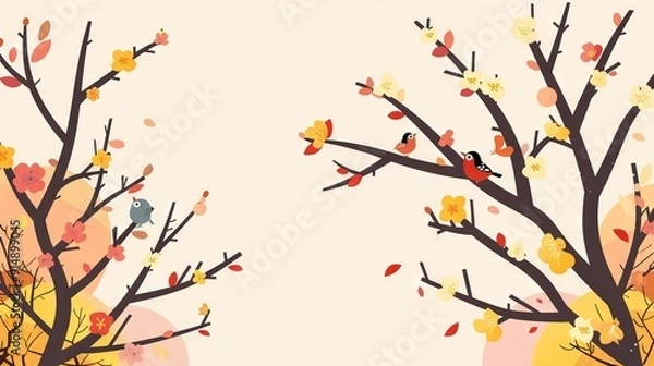 Fototapeta   A pair of birds perched on top of a tall leaf-topped tree