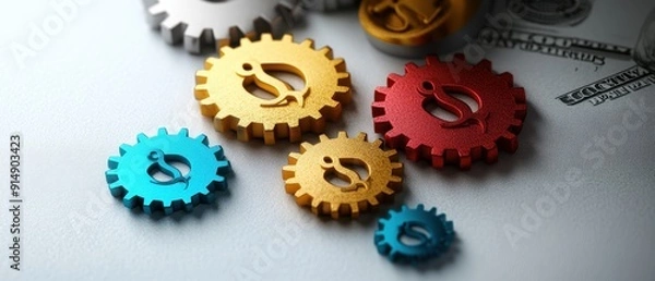 Fototapeta Colorful Metal Gears with Dollar Symbols Representing Financial Mechanisms and Economic Concepts