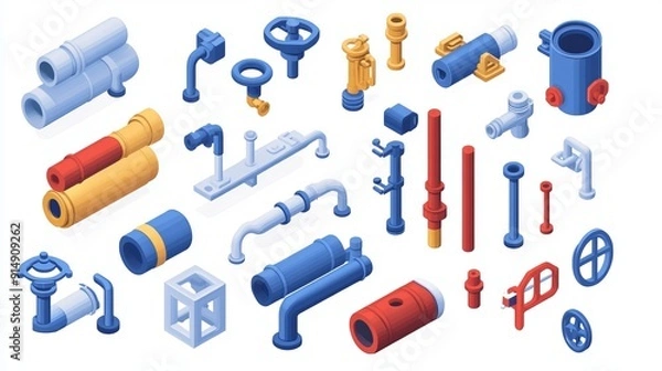Fototapeta Isometric view of pipes including water tubes and a pipeline with a valve Construction of oil and gas industry tubes Plastic plumbing system 3D vector set isolated pieces of pipes