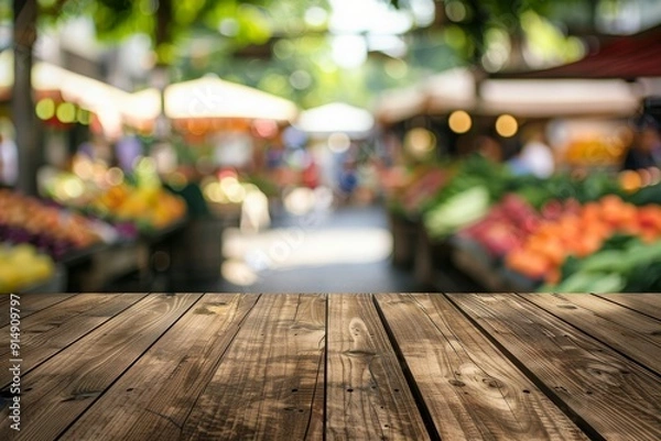 Obraz Wooden Tabletop with a Blurred Farmers Market Background