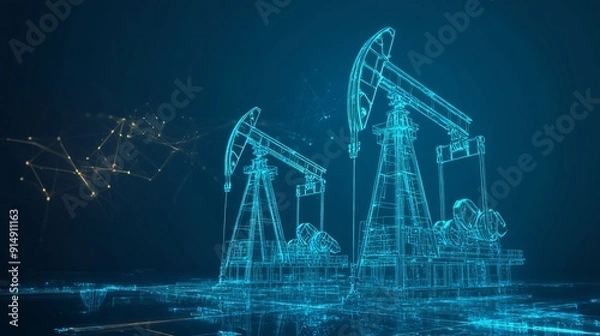 Fototapeta Oil pumps on a blue background Extraction technology gas market well drilling innovation petroleum production technology fossil fuel energy economy war constriction and oil refinery