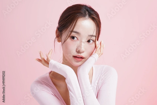 Fototapeta ピンク背景で撮影をした若い女性のキャッチーなビューティー ポートレート