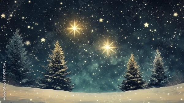 Fototapeta Starry skies with Christmas trees. A night sky full of numerous little stars and one enormous bright star can be seen above Christmas trees snowy landscape adorned with white stars. Generative AI
