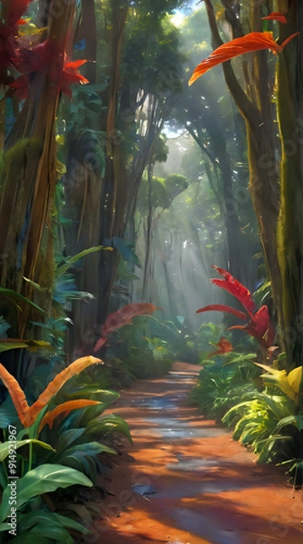 Fototapeta painting of a path in a tropical forest with sunbeams