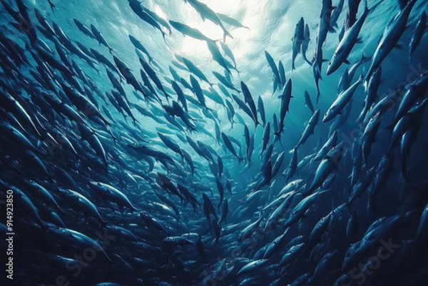 Fototapeta A school of fish swimming in perfect synchronization in the open ocean.