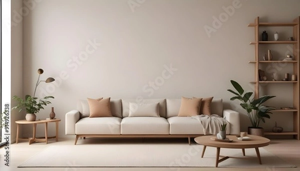Fototapeta A modern, minimalist living room with a large beige sofa, wooden shelves, and a neutral color palette
