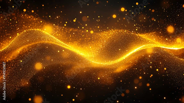 Fototapeta Mesmerizing Digital Gold Particles Wave Light Abstract Background with Shining Dots and Stars - Night Sky, Sparkle, Celebration, Festive Mood, Elegant Radiant Screen Saver or Wallpaper