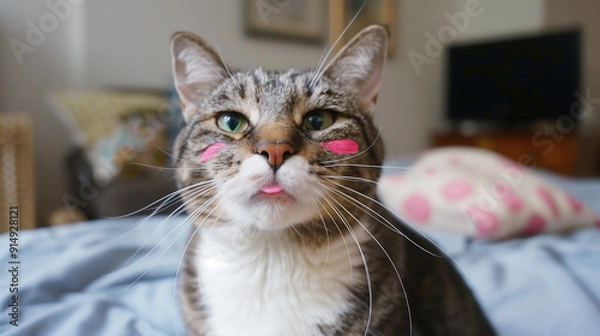 Obraz Tabby Cat with Pink Cheek Marks Close-Up