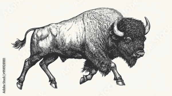 Obraz Black and white Vintage engraved art of a bison charging sideways, isolated on white background, ink sketch illustration, simple vector art design, highly detailed line art, high contrasty 