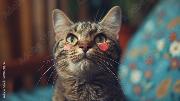 Obraz Tabby Cat with Pink Cheek Marks Close-Up