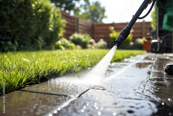 Fototapeta Washing Sidework Path by Pressure Washer with Landscaping Grass. Jet Washing or Pressure Cleaning Garden Floor Outside.
