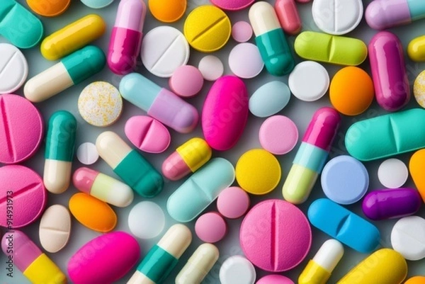 Obraz Vibrant Assortment of Colorful Medication Pills and Tablets Detailed for Medical and Pharmaceutical Themed Content