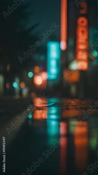 Fototapeta night time view of a city street with a reflection of a traffic light