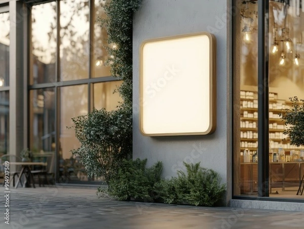 Obraz Modern storefront with illuminated sign.