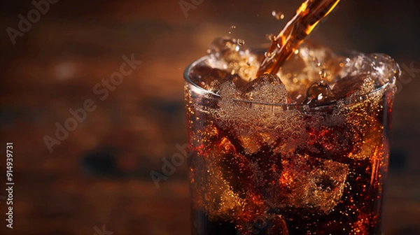 Obraz Soda pouring into a glass, with a dark brown background, in the style of product photography