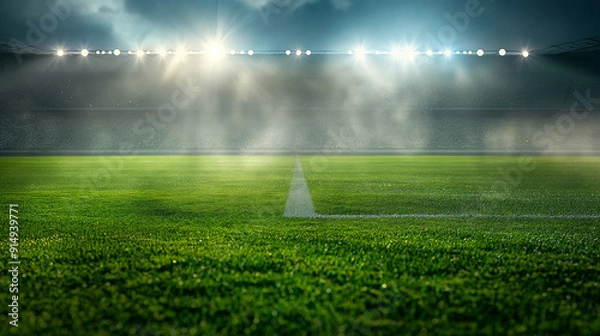 Obraz Soccer stadium with grass field illuminated in the style of spotlights on background
