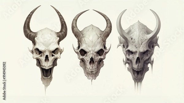 Fototapeta three drawings of a skull with horns, in the style of fantasy creatures, minimalist portraits, renaissance-inspired draftsman, interactive artwork, manticore,