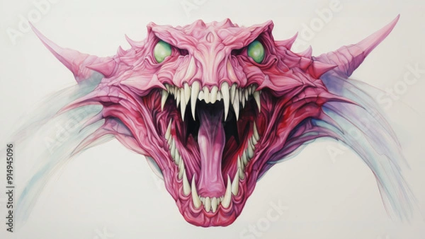 Fototapeta the dragon's mouth has open teeth and large teeth, in the style of light magenta and light emerald, minimalist line drawings, light green and dark crimson, symmetrical arrangements, 