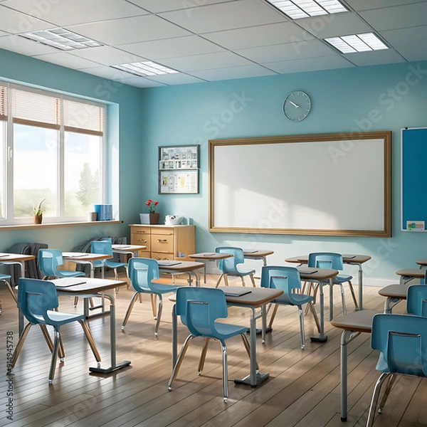 Fototapeta View of 3d modern empty classroom interior design by AI generative