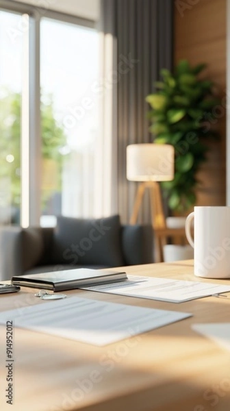 Fototapeta Contemporary workspace with papers, a cup, and natural light creating a peaceful environment for productivity and focus.