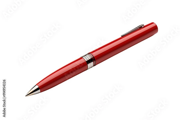 Obraz Elegant Red Pen Placed on a White Surface With Reflective Finish in the Afternoon Light on Transparent PNG Background.