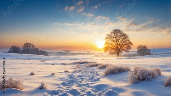 Obraz Beautiful landscape with winter forest at sunset.