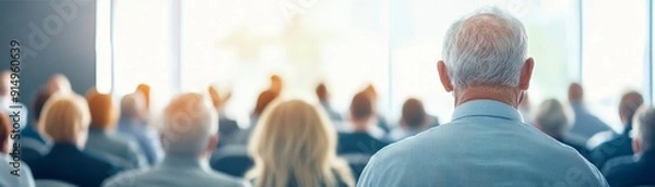 Fototapeta Happy Retirees Learning Financial Planning Strategies in Well-Lit Workshop with Advisor's Guidance on Savings and Budgeting Tips