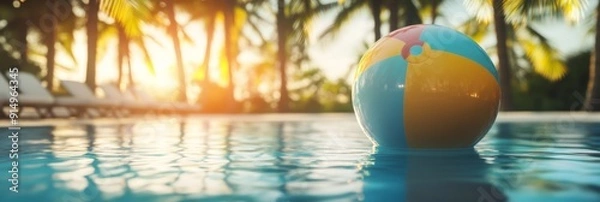 Fototapeta Colorful Beach Balls Floating Amidst Palm Trees by the Pool, Capturing the Essence of Summer Fun and Relaxation