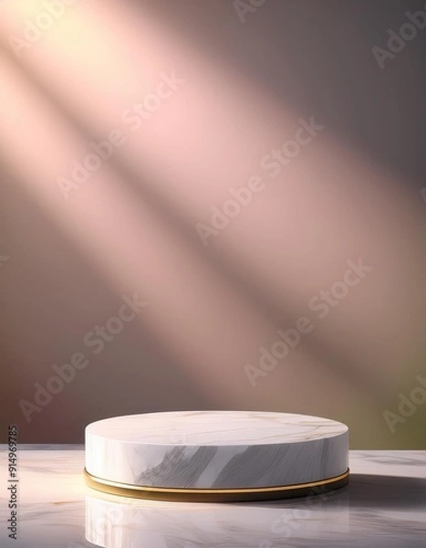 Fototapeta Elegant round marble display stand illuminated by soft light, showcasing a luxurious and minimalist backdrop for product photography