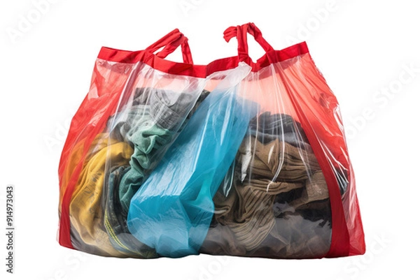 Obraz Colorful Transparent Bag Filled With Assorted Clothes Prepared for Donation in a Bright Indoor Space on Transparent PNG Background.