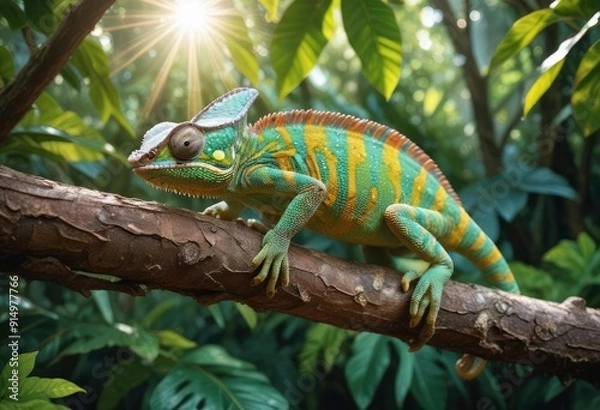 Fototapeta A vibrant chameleon perched on a branch with textured bark, showing its bright green and yellow scales, surrounded by lush tropical foliage. The sun filters through the leaves, ai