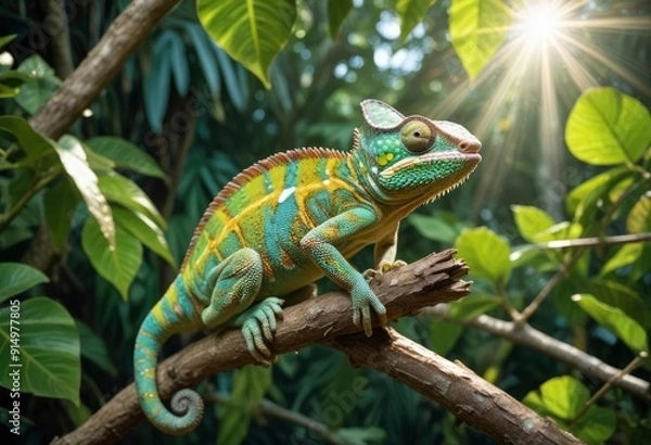 Fototapeta A vibrant chameleon perched on a branch with textured bark, showing its bright green and yellow scales, surrounded by lush tropical foliage. The sun filters through the leaves, ai