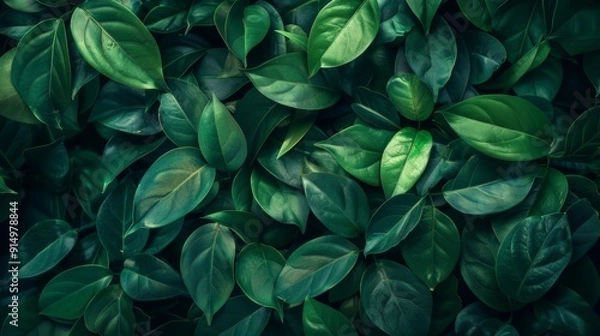 Fototapeta Dense arrangement of dark green leaves. Botanical close-up background.