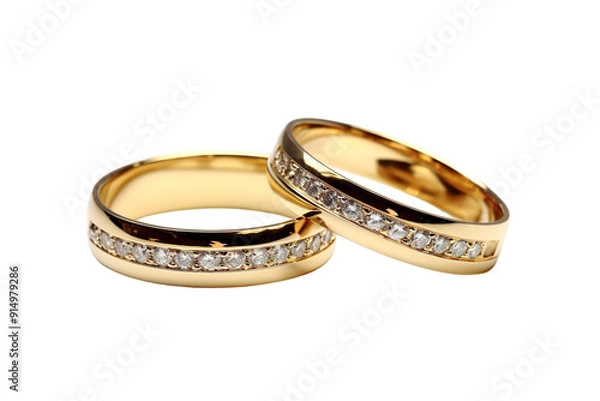 Obraz Exquisite Golden Wedding Bands With Sparkling Diamonds Displayed Elegantly on a Soft Velvet Background on Transparent PNG Background.