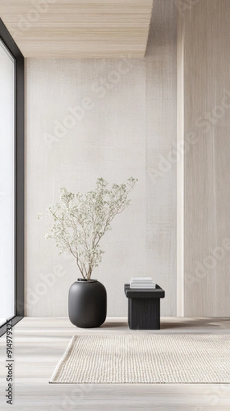 Fototapeta Modern interior design composition in a living room with minimalist furniture, cream wall panels and natural window lighting. Property interiors with copyspace.