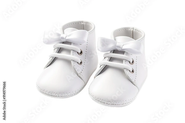 Obraz Charming White Baby Booties on a Soft Surface With Natural Light Streaming In on Transparent PNG Background.