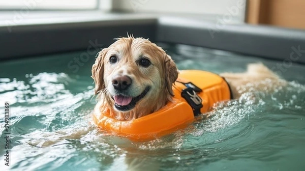 Fototapeta Dog in a hydrotherapy pool with a life jacket, pet, safe water therapy