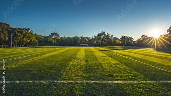 Fototapeta A soccer field with a white line down the middle
