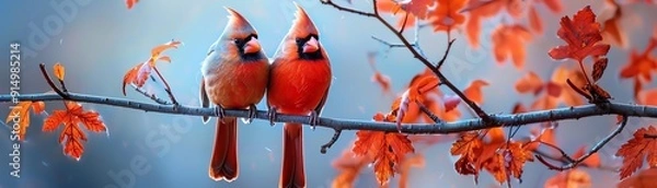 Fototapeta Two red cardinals perched on a branch with fall leaves.