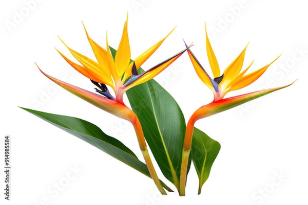 Obraz Vibrant Tropical Bird of Paradise Blooms Flourishing in Sunlight Against a White Background on Transparent PNG Background.