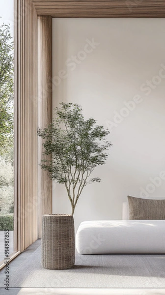 Fototapeta Relaxing property interiors with zen vibes in an interior design minimalist composition. Oriental inspired Real Estate home.