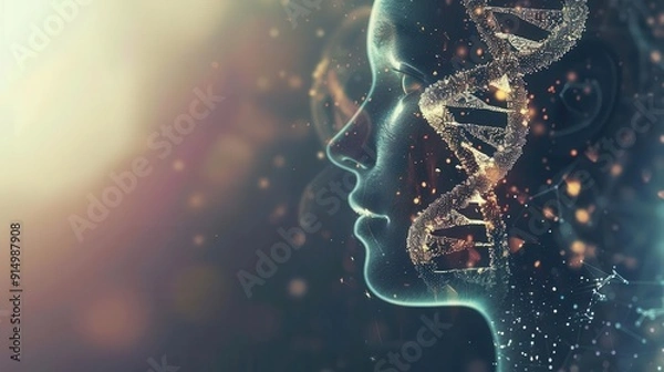 Obraz Double exposure of a human head and DNA helix, Biotech advancements, Fusion of genetics and mental health
